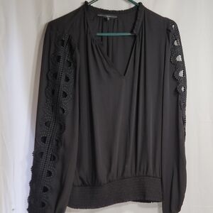 White House Black Market Gray Blouse with V-Neck and Cutout Sleeves